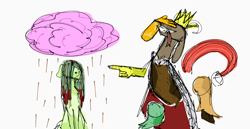 Size: 1126x579 | Tagged: safe, artist:charles3ld, discord, fluttershy, pony, g4, alternate design, cape, chocolate, chocolate rain, clothes, crown, duo, food, jewelry, laughing, pointing, rain, regalia, simple background, tongue out, wet, wet mane, white background