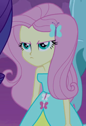 Size: 226x332 | Tagged: safe, screencap, fluttershy, rarity, equestria girls, g4, my little pony equestria girls, angry, bare shoulders, cropped, cute, fall formal outfits, fluttershy is not amused, madorable, offscreen character, sleeveless, strapless, unamused