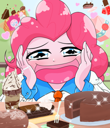 Size: 1280x1480 | Tagged: safe, artist:batipin, pinkie pie, equestria girls, g4, big smile, cake, chocolate, clothes, dessert, female, food, hands on cheeks, open mouth, school uniform, solo, volumetric mouth