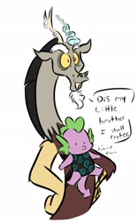 Size: 1285x2048 | Tagged: safe, artist:thechaoticboop, discord, spike, draconequus, dragon, g4, baby carrier, carrying, dialogue, put me down, suspended