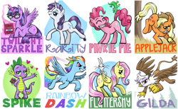 Size: 1218x750 | Tagged: safe, artist:pedantia, angel bunny, applejack, fluttershy, gilda, gummy, pinkie pie, rainbow dash, rarity, spike, twilight sparkle, alicorn, dragon, earth pony, griffon, pegasus, pony, rabbit, unicorn, g4, animal, female, flying, glasses, grin, heart, lidded eyes, looking at you, male, mane six, smiling, spread wings, twilight sparkle (alicorn), wings