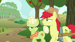 Size: 1920x1080 | Tagged: safe, screencap, bright mac, granny smith, earth pony, pony, g4, the perfect pear, female, head shake, male, mare, mother and child, mother and son, stallion, young granny smith, younger