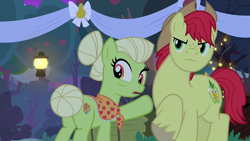Size: 1920x1080 | Tagged: safe, screencap, bright mac, granny smith, earth pony, pony, g4, the perfect pear, female, looking back, male, mare, mother, mother and child, mother and son, raised hoof, shocked, stallion, young granny smith, younger