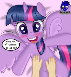 Size: 3840x4154 | Tagged: safe, artist:damlanil, twilight sparkle, alicorn, human, pony, g4, beautiful, bed, belly button, bellyrubs, blushing, comic, cute, ecstasy, engrish, female, fourth wall, hand, hands on belly, happy, horn, looking at you, lying down, mare, on back, on bed, open mouth, petting, pleasure, shiny, shiny mane, show accurate, silly, smiling, spread wings, tickling, twiabetes, twilight sparkle (alicorn), vector, wings