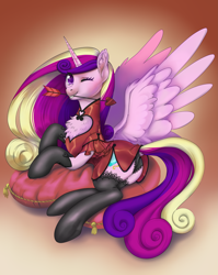 Size: 3223x4056 | Tagged: safe, artist:taytinabelle, princess cadance, alicorn, pony, g4, arrow, blushing, butt, cheongsam, chest fluff, chinese new year, clothes, cute, cutedance, dock, dress, ear fluff, eye clipping through hair, female, frilly socks, frilly underwear, gradient background, happy, heart, heart arrow, heart collar, heart pillow, hearts and hooves day, holiday, lace, lingerie, looking at you, lovebutt, lunar new year, lying down, mare, mouth hold, on side, one eye closed, open mouth, panties, pillow, plot, rear view, shiny, silk, simple background, smiling, socks, solo, spread wings, stockings, tail hole, tassels, teeth, thigh highs, underhoof, underwear, valentine's day, wings, wink, winking at you