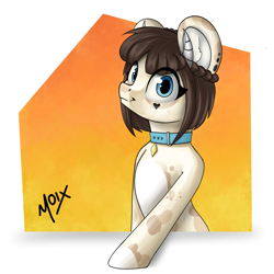 Size: 2000x2000 | Tagged: safe, artist:supermoix, oc, oc only, pony, blue eyes, collar, cute, female, gift art, high res, horn, looking at you, piercing, simple background, solo, spots