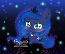 Size: 1866x1563 | Tagged: safe, artist:catseyeart, princess luna, alicorn, pony, seapony (g4), g4, 2017, blue eyes, blushing, bubble, chibi, clothes, crown, dorsal fin, female, fin wings, fish tail, flowing mane, flowing tail, horn, jewelry, logo, looking at you, necklace, ocean, regalia, seaponified, seapony luna, smiling, solo, sparkles, species swap, tail, transparent, underwater, water, wings