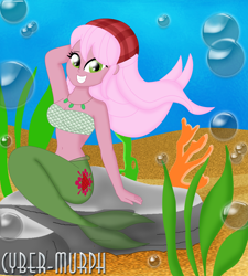 Size: 1952x2168 | Tagged: safe, artist:cyber-murph, raspberry lilac, mermaid, equestria girls, equestria girls series, g4, arm behind head, armpits, background human, bandana, bandeau, belly, belly button, bubble, coral, cute, cutie mark, flowing hair, flowing mane, jewelry, mermaidized, midriff, necklace, rock, seaweed, signature, sitting, species swap, tube top