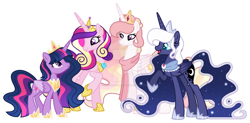 Size: 1280x629 | Tagged: safe, artist:auroranovasentry, princess cadance, princess celestia, princess luna, twilight sparkle, alicorn, pony, g4, alicorn tetrarchy, alternate design, aunt and niece, closed mouth, clothes, colored pupils, colored wings, colored wingtips, deviantart watermark, ethereal hair, ethereal mane, ethereal tail, female, folded wings, gradient mane, gradient tail, gradient wings, group, hair bun, hoof shoes, jewelry, looking at each other, looking at someone, obtrusive watermark, open mouth, peytral, princess shoes, quartet, raised hoof, scarf, shawl, siblings, simple background, sisters, sisters-in-law, smiling, sparkly mane, sparkly tail, standing, starry mane, starry tail, tail, tiara, transparent background, twilight sparkle (alicorn), watermark, white-haired luna, wings