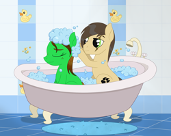 Size: 2547x2027 | Tagged: safe, artist:dyonys, oc, oc:lucky brush, oc:night chaser, earth pony, pony, bath, bathroom, bathtub, bubble bath, claw foot bathtub, female, freckles, high res, husband and wife, luckychaser, male, mare, married couples doing married things, rubber duck, scar, stallion, washing hair, water, wet, wet mane