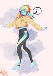 Size: 700x1000 | Tagged: safe, artist:sozglitch, rainbow dash, equestria girls, abstract background, adorasexy, barefoot, belly button, clothes, cute, dashabetes, feet, hoodie, leggings, midriff, nail polish, pants, sexy, smiling, solo, tight clothing, toenail polish, yoga pants