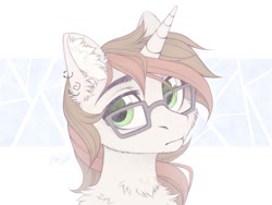 Size: 1200x900 | Tagged: safe, artist:vird-gi, oc, oc only, pony, unicorn, abstract background, cheek fluff, chest fluff, ear fluff, ear piercing, earring, glasses, jewelry, looking at you, piercing, solo