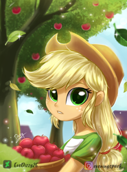 Size: 1480x2000 | Tagged: safe, artist:evedizzy26, applejack, equestria girls, equestria girls series, apple, apple tree, bucket, bust, cute, falling leaves, female, jackabetes, leaves, looking at you, solo, tree