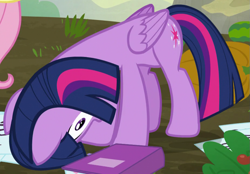 Size: 925x645 | Tagged: safe, screencap, fluttershy, twilight sparkle, alicorn, pegasus, pony, g4, the hooffields and mccolts, book, cropped, duo, duo female, female, folded wings, mare, offscreen character, twilight sparkle (alicorn), wings
