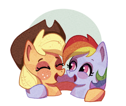 Size: 586x494 | Tagged: safe, artist:camaleao, applejack, rainbow dash, earth pony, pegasus, pony, g4, applejack's hat, cowboy hat, cute, female, hat, hug, lesbian, ship:appledash, shipping, simple background, smiling