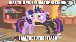 Size: 888x499 | Tagged: safe, edit, edited screencap, screencap, twilight sparkle, g4, it's about time, bandana, book, caption, eyepatch, flash, future twilight, golden oaks library, hub logo, image macro, savitar, text