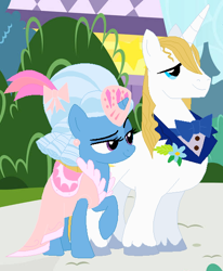 Size: 492x596 | Tagged: safe, artist:themexicanpunisher, prince blueblood, trixie, pony, unicorn, g4, bowtie, clothes, dress, duo, female, gala dress, male, ship:bluetrix, shipping, show accurate, straight