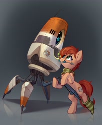 Size: 3328x4096 | Tagged: safe, artist:taneysha, oc, oc only, oc:rusty gears, earth pony, pony, robot, clothes, mouth hold, scarf, screwdriver, socks, striped socks