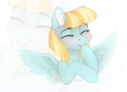 Size: 1795x1300 | Tagged: safe, artist:vird-gi, helia, pegasus, pony, g4, blushing, cheek fluff, chest fluff, cute, ear fluff, eyes closed, female, happy, heliadorable, laughing, mare, open mouth, smiling, solo, spread wings, wings, zoom layer