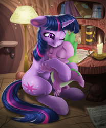 Size: 2111x2551 | Tagged: safe, artist:awalex, spike, twilight sparkle, dragon, pony, unicorn, g4, belly button, book, book of harmony, candle, cute, daaaaaaaaaaaw, duo, eyes closed, female, floppy ears, golden oaks library, high res, hug, lamp, library, male, mama twilight, mare, newspaper, one eye closed, spikabetes, spikelove, twiabetes, unicorn twilight, weapons-grade cute