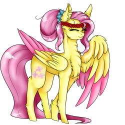 Size: 1280x1280 | Tagged: safe, artist:missourismith, fluttershy, pegasus, pony, g4, chest fluff, colored wings, colored wingtips, cute, ear fluff, eyes closed, female, floral head wreath, flower, mare, shyabetes, simple background, solo, transparent background