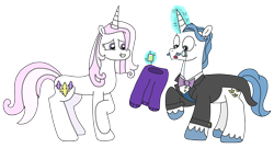 Size: 3332x1805 | Tagged: safe, artist:supahdonarudo, fancypants, fleur-de-lis, pony, unicorn, series:fleurbuary, g4, clothes, facial hair, levitation, magic, male, monocle, moustache, raised hoof, simple background, stallion, suit, surprised, sweater, telekinesis, transparent background