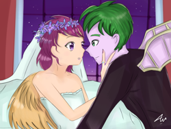 Size: 1024x768 | Tagged: safe, artist:namieart, scootaloo, spike, human, g4, base used, bride, clothes, dress, female, flower, flower in hair, humanized, jewelry, male, marriage, ring, ship:scootaspike, shipping, straight, wedding, wedding dress, wedding night, wedding ring, wedding veil, winged humanization, wings