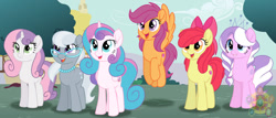 Size: 1024x439 | Tagged: safe, artist:leanne264, apple bloom, diamond tiara, princess flurry heart, scootaloo, silver spoon, sweetie belle, alicorn, earth pony, pegasus, pony, unicorn, g4, cutie mark crusaders, female, mare, movie accurate, older, older apple bloom, older cmc, older diamond tiara, older flurry heart, older scootaloo, older silver spoon, older sweetie belle, scootaloo can fly