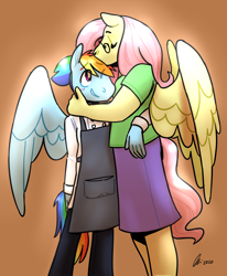 Size: 1280x1554 | Tagged: safe, artist:rwl, fluttershy, rainbow dash, pegasus, anthro, g4, arm around back, commission, duo, eyes closed, female, forehead kiss, glasses, height difference, kissing, lesbian, ship:flutterdash, shipping, tallershy