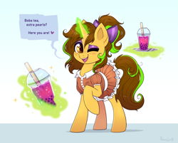 Size: 3581x2873 | Tagged: safe, artist:confetticakez, oc, oc only, oc:awkward dork, pony, unicorn, blushing, bow, bubble tea, clothes, commission, crossdressing, dialogue, dress, drink, eyeshadow, femboy, freckles, hair bow, high res, levitation, magic, makeup, male, ponytail, simple background, solo, stallion, telekinesis