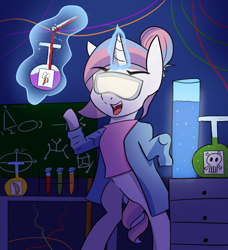 Size: 2084x2286 | Tagged: safe, artist:artiks, potion nova, pony, unicorn, g4.5, my little pony: pony life, bipedal, female, glowing horn, high res, horn, laboratory, mad scientist, magic, magic aura, open mouth, potion, solo, test tube