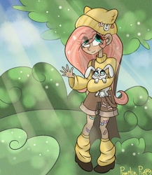 Size: 1000x1150 | Tagged: safe, artist:pumpkin-pie-13, angel bunny, fluttershy, human, g4, bandaid, clothes, crepuscular rays, hat, humanized, overalls, sweater, sweatershy