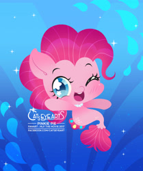 Size: 1563x1866 | Tagged: safe, artist:catseyeart, pinkie pie, earth pony, pony, seapony (g4), g4, 2017, blue eyes, blushing, bubble, chibi, dorsal fin, female, fish tail, flowing mane, flowing tail, jewelry, logo, looking at you, necklace, ocean, one eye closed, open mouth, seaponified, seapony pinkie pie, smiling, solo, sparkles, species swap, starry eyes, tail, underwater, water, wingding eyes, wink