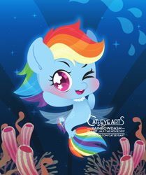Size: 1563x1866 | Tagged: safe, artist:catseyeart, rainbow dash, pegasus, pony, seapony (g4), g4, 2017, blushing, bubble, chibi, coral, cute, dashabetes, dorsal fin, female, fin wings, fish tail, flowing mane, flowing tail, jewelry, logo, looking at you, necklace, ocean, one eye closed, pink eyes, seaponified, seapony rainbow dash, smiling, solo, sparkles, species swap, starry eyes, tail, underwater, water, wingding eyes, wings, wink