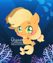 Size: 1563x1866 | Tagged: safe, artist:catseyeart, applejack, earth pony, pony, seapony (g4), g4, 2017, applejack's hat, blushing, bubble, chibi, cowboy hat, dorsal fin, female, fish tail, flowing mane, flowing tail, green eyes, hat, jewelry, logo, looking at you, necklace, ocean, seaponified, seapony applejack, smiling, solo, sparkles, species swap, starry eyes, tail, underwater, water, wingding eyes