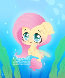 Size: 1563x1866 | Tagged: safe, artist:catseyeart, fluttershy, pegasus, pony, seapony (g4), g4, 2017, blue eyes, blushing, bubble, chibi, dorsal fin, female, fin wings, fish tail, flowing mane, flowing tail, jewelry, logo, looking at you, necklace, ocean, open mouth, seaponified, seapony fluttershy, smiling, solo, sparkles, species swap, starry eyes, tail, underwater, water, watershy, wingding eyes, wings