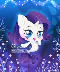 Size: 1563x1866 | Tagged: safe, artist:catseyeart, rarity, pony, seapony (g4), unicorn, g4, 2017, blue eyes, blushing, bubble, chibi, coral, cute, dorsal fin, female, fish tail, flowing mane, flowing tail, horn, jewelry, logo, looking at you, necklace, ocean, open mouth, raribetes, seaponified, seapony rarity, smiling, solo, sparkles, species swap, starry eyes, tail, underwater, water, wingding eyes