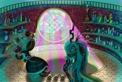 Size: 3270x2208 | Tagged: safe, artist:arkolo, queen chrysalis, oc, oc:plain thatch, changeling, fanfic:chrysalis wins, g4, bathroom, bottle, clothes, fanfic art, high res, maid, stained glass, tub