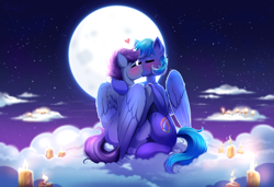 Size: 4000x2730 | Tagged: safe, artist:confetticakez, oc, oc only, oc:noxy, oc:windy dripper, pegasus, pony, blushing, candle, cloud, commission, cute, eyes closed, fire, folded wings, gay, heart, hoof hold, kissing, male, moon, night, night sky, noxydrip, oc x oc, outdoors, romantic, shipping, sitting, sky, stallion, stars, wings