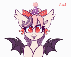 Size: 560x448 | Tagged: safe, artist:confetticakez, oc, oc only, oc:sweet velvet, bat pony, pony, animated, bat pony oc, bow, dialogue, ear fluff, eeee, female, floppy ears, gif, hair bow, hat, mare, party hat, ponytail, simple background, solo, spread wings, white background, wings