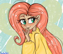 Size: 1920x1646 | Tagged: safe, artist:pumpkin-pie-13, fluttershy, human, g4, abstract background, clothes, heart eyes, humanized, solo, sweater, sweatershy, wingding eyes