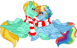 Size: 1024x646 | Tagged: safe, artist:artistcoolpony, lightning dust, rainbow dash, pegasus, pony, g4, clothes, commission, female, floppy ears, lesbian, looking at each other, lying down, mare, prone, scarf, shared clothing, shared scarf, ship:rainbowdust, shipping, simple background, transparent background