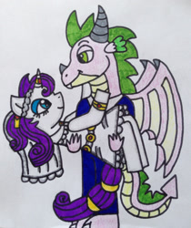 Size: 1280x1525 | Tagged: safe, artist:darkstarnightwalker, rarity, spike, g4, clothes, dress, female, looking at each other, male, marriage, older, older spike, ship:sparity, shipping, straight, suit, wedding