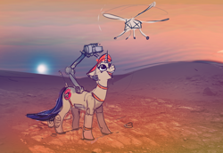 Size: 3904x2685 | Tagged: safe, artist:alumx, oc, oc only, pony, robot, robot pony, unicorn, drone, female, high res, ingenuity, looking at something, looking up, manipulator, mars, mars rover, open mouth, perseverance, ponified, smiling, solo, standing, three quarter view