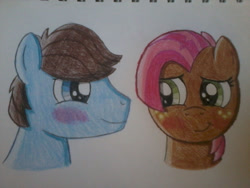 Size: 1024x768 | Tagged: safe, artist:miss-barker, babs seed, chip mint, rain catcher, earth pony, pegasus, pony, g4, adorababs, blushing, chipabetes, chipseed, colored pencil drawing, colt, cute, eye contact, female, filly, freckles, looking at each other, male, shipping, simple background, straight, traditional art, white background