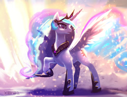 Size: 1694x1300 | Tagged: safe, artist:xbi, princess celestia, alicorn, pony, g4, abstract background, female, mare, raised hoof, solo, spread wings, wings