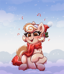 Size: 776x906 | Tagged: safe, artist:confetticakez, oc, oc only, oc:cinnamon spangled, earth pony, pony, blushing, caroling, chest fluff, christmas, clothes, female, hat, holiday, holly, mare, music notes, santa hat, scarf, singing, sitting, snow, solo, winter