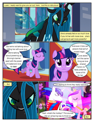 Size: 612x792 | Tagged: safe, artist:newbiespud, edit, edited screencap, screencap, princess cadance, queen chrysalis, shining armor, twilight sparkle, alicorn, changeling, changeling queen, pony, unicorn, comic:friendship is dragons, a canterlot wedding, g4, season 2, angry, clothes, comic, dialogue, evil grin, eyelashes, eyes closed, female, frown, grin, hoof shoes, indoors, jewelry, looking back, looking up, male, mare, peytral, raised hoof, screencap comic, smiling, stallion, tiara, unicorn twilight