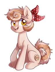 Size: 974x1272 | Tagged: safe, artist:blue_kazenate, oc, oc only, oc:cinnamon spangled, earth pony, pony, bandana, female, mare, simple background, sitting, solo, white background