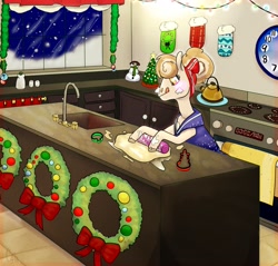 Size: 2048x1960 | Tagged: safe, artist:roseanon4, oc, oc only, oc:cinnamon spangled, earth pony, pony, baking, bandana, biting, cafe, christmas, christmas lights, christmas stocking, christmas tree, christmas wreath, clock, clothes, dough, female, food on face, garland, holiday, kitchen, mare, sink, solo, tongue bite, tongue out, tree, wreath